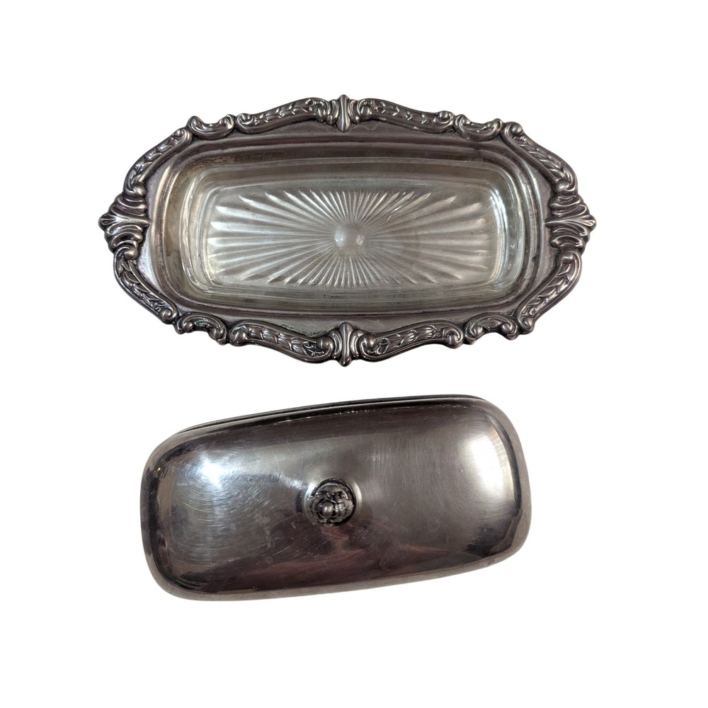 Sheridan Silver Silver‎ plate Butter Dish with Glass Liner Ornate Domed Lid Set